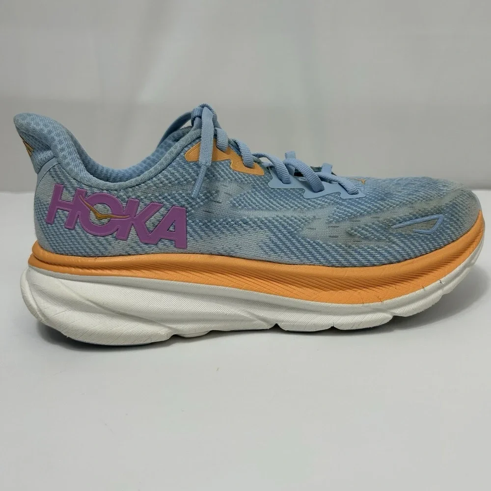 HOKA Clifton 9 Women's Running Shoes 7.5B Blue Orange Cushioned Road Trainers